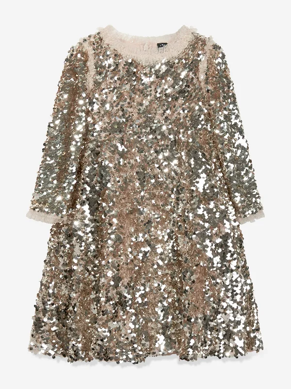 Needle & Thread Girls Hallie Sequin Dress in Gold Sequin Lace Dress