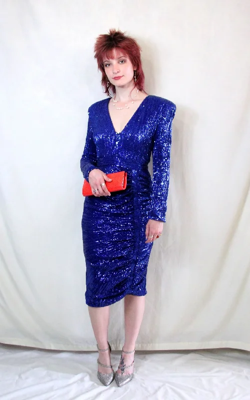 Cobalt Blue Sequin Midi Dress Ruffled Sequin Dress