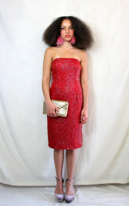 Vintage Red Sequin Pencil Dress Shimmer Sequin Dress