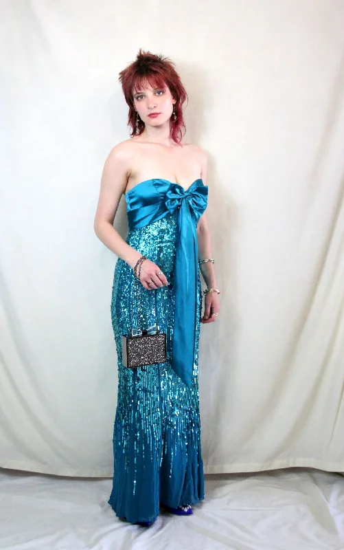 Vintage Frank Usher Jade Green Sequin Dress Party Wear Sequin