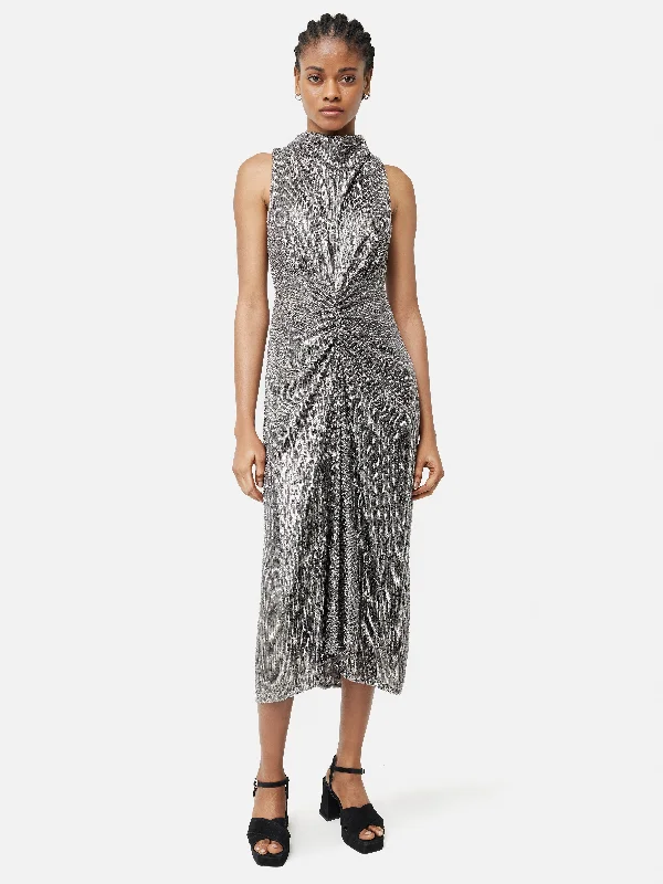 Sequin High Neck Dress | Gunmetal Sequin Dress Casual