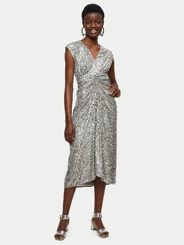 Sequin Ruched Midi Dress | Pewter Satin Sequin Dress