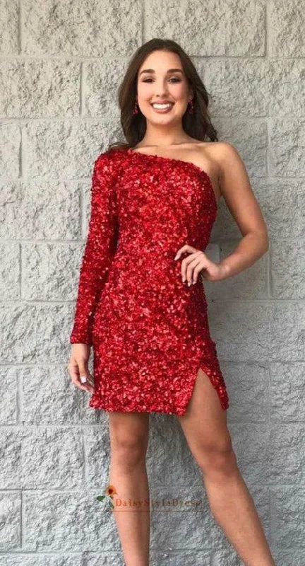 Fitted Single Sleeve Red Sequins Homecoming Dress Glamorous Sequin Dress