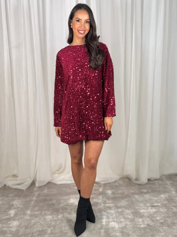 Kendra Bow Detail Sequin Dress In Bordeaux Sequin Dress Shine