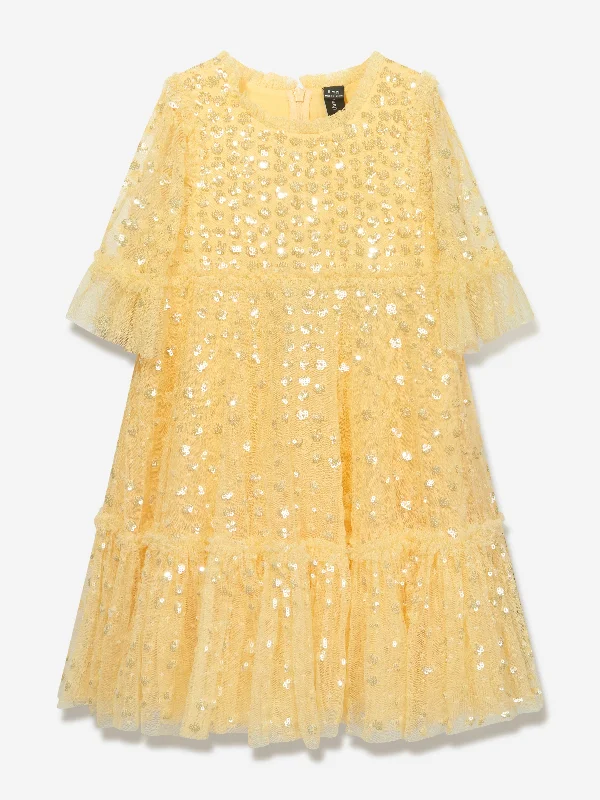 Needle & Thread Girls Raindrop Sequin Dress in Yellow High Waist Sequin