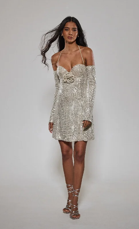 Champagne Sequin Corsage Mini Dress Sequin Cocktail Dress