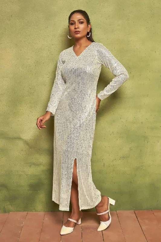 Pearl White Sequin Maxi Dress | V-Neck Long Sleeve Glamour Sequin Dress Glam