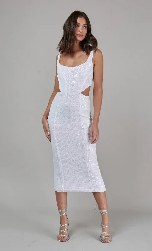 White Sequin Corset Cut Out Midi Dress Sequin Slip Dress