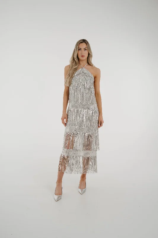 Alana Fringed Sequin Dress In Silver Sequin Lace Dress