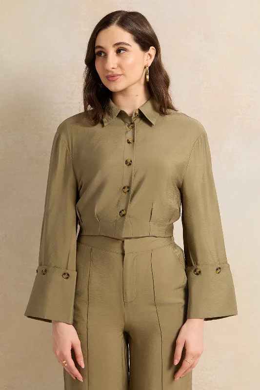 Women Olive Waist Pleated Detailed Shirt