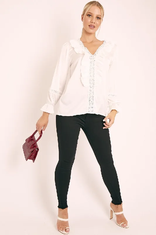 White Plunge Lace Neckline Blouse - Harleigh