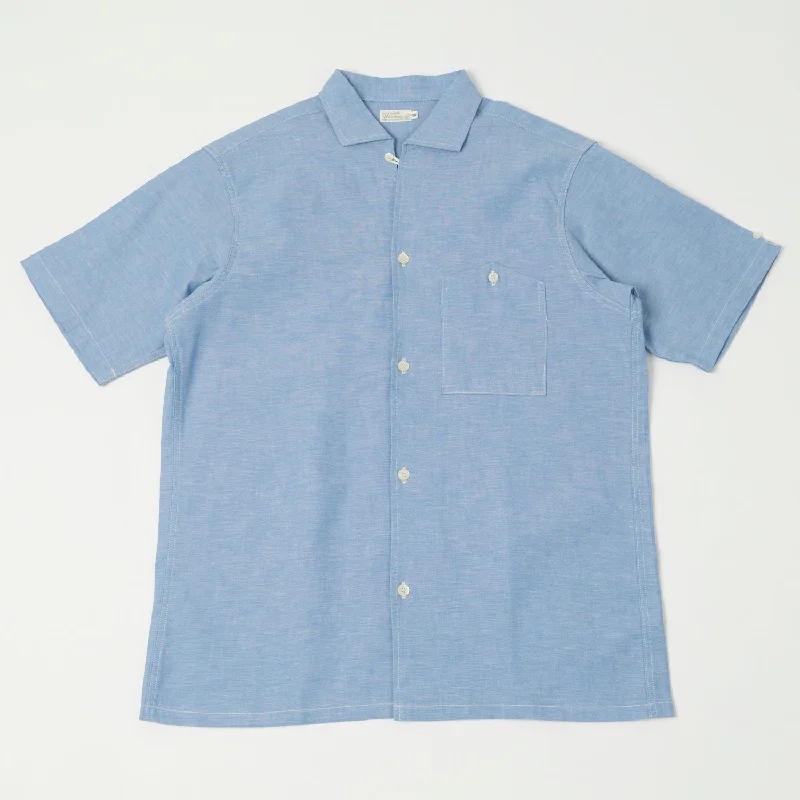 Warehouse & Co 3091 S/S Open Collar Shirt - Cheese Chambray Sax