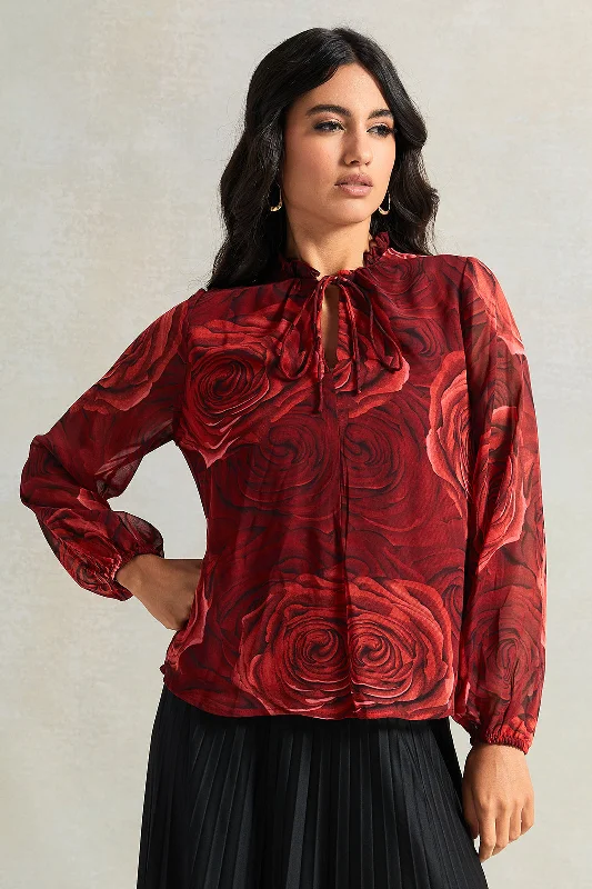 Women Red Rose Floral Blouse