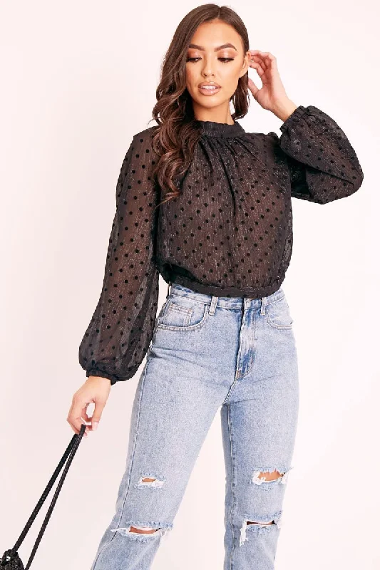 Black Metallic Polka Pleated Front Blouse - Cabella