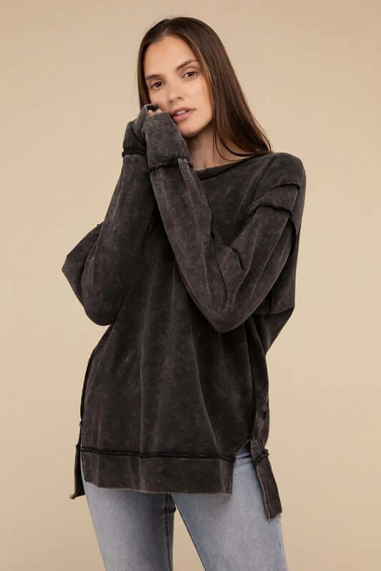 Ash Black Acid Wash French Terry Exposed-Seam Sweatshirt Cozy Sweatshirts for Fall