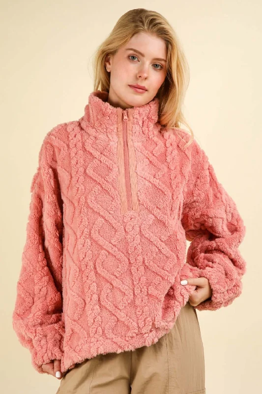 Blush Fuzzy Fleece Half Zip Cable Pattern Sweatshirt Zip-up Sweatshirt Look