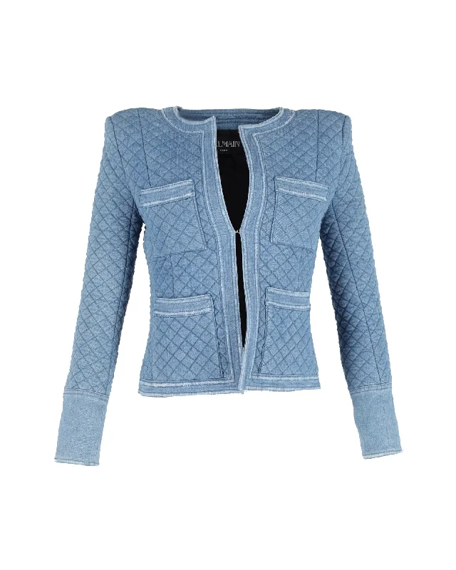 Balmain Quilted Collarless Blazer in Blue Cotton Women’s Blazer Fashion