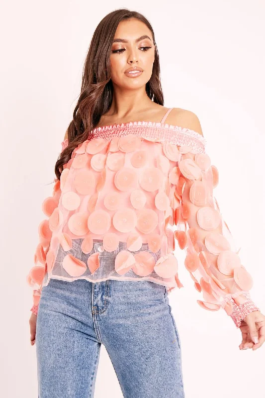 Coral Layered Applique Mesh Insert Blouse - Jadelynn