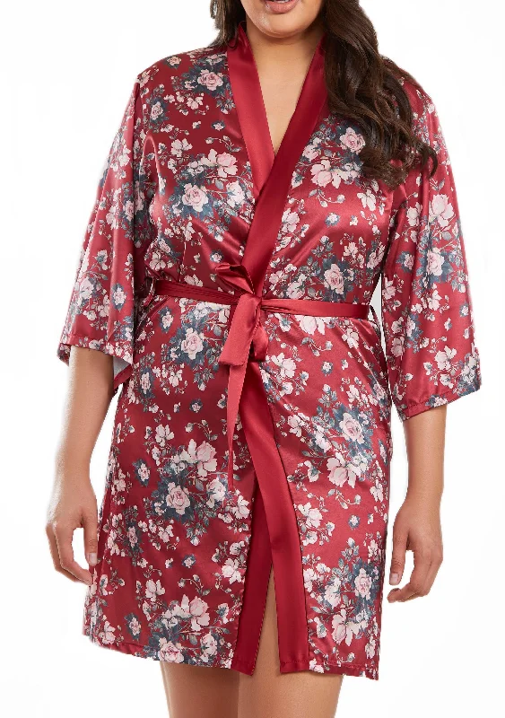 Cooling pajama setsElea plus Size 1pc Contrast Satin Floral Robe with Self Tie Sash Cooling pajama sets