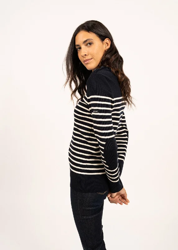 Zip-up sweatersBREGANCON - Breton Striped Sweater with Jacquard Elbow Patch for Women (NAVY / IVORY) Zip-up sweaters