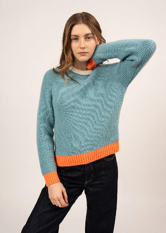 Warmest sweaters for extreme coldHASPARREN - Color-block Sweater in Mohair Wool Blend (JADE / NEON ORANGE / WINTER WHITE) Warmest sweaters for extreme cold