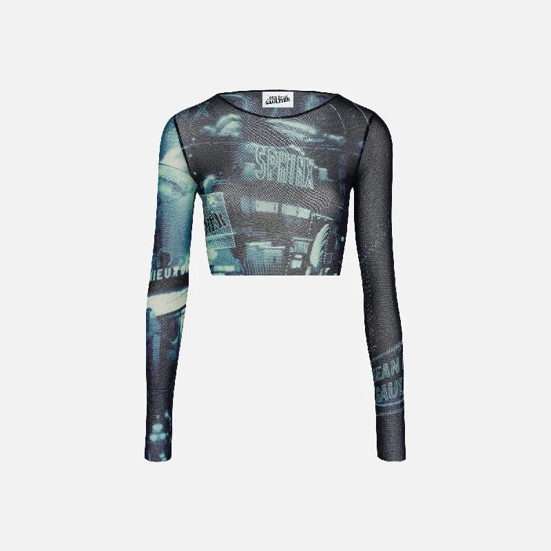 Edgy sweatersJean Paul Gaultier Pigalle Printed Mesh Crop Top - Blue Edgy sweaters