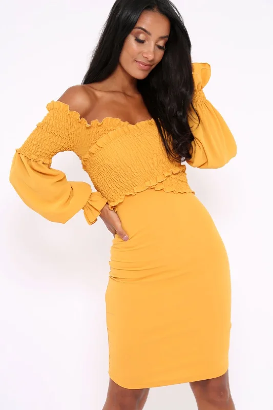 Best mini dresses for elegant looksMustard Shirred Wrap Over Bardot Mini Dress - Natasha Best mini dresses for elegant looks