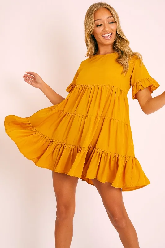 Best mini dresses for curvy figuresMustard Smock Tiered Frill Sleeve Mini Dress - Olah Best mini dresses for curvy figures