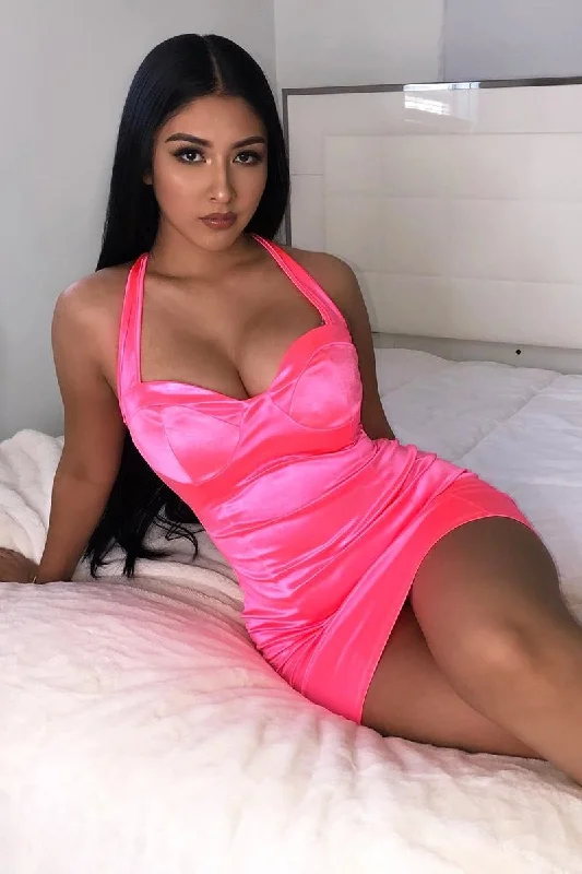 Satin mini dressesNeon Pink Satin Cup Detail Mini Dress - Jenna Satin mini dresses