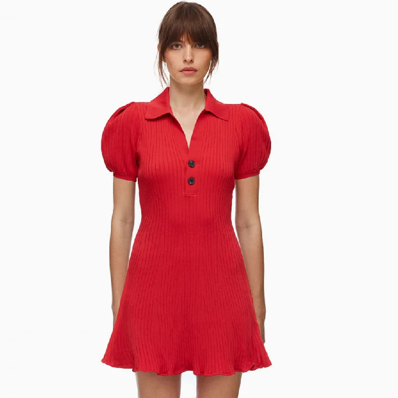 Best mini dresses for petitesSwingy Collared Puff Sleeve A-Line Rib Knit Sweater Mini Dress - Red Best mini dresses for petites