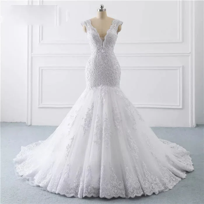 Wedding dresses with pocketsIllusion V Neck mermaid Wedding Dress Satin Lace Gown