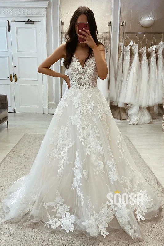 Long sleeve wedding dressesTulle A-Line V-Neck Spaghetti Straps Sleeveless Lace Applique Boho Wedding Dress QW8113 Wedding Gown Set