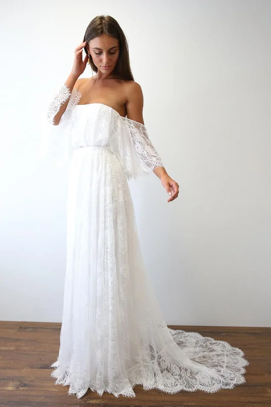 BHLDN wedding dressesCharming Ivory Open Back Long Beach Wedding Dresses Lace V-neck Dress