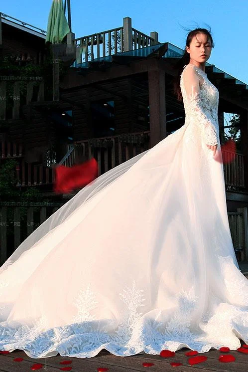 Cap sleeve wedding dressesGorgeous Long Sleeves Long Wedding Dress, V Neck Long Bridal Dress N2288 Ruffle Wedding Gown