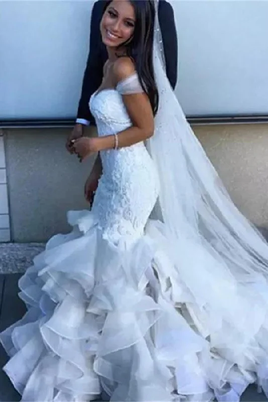 Tulle wedding dressesGorgeous Off the Shoulder Mermaid Wedding Dress with Ruffles White Bridal Gown N1158 Elegant Satin Dress