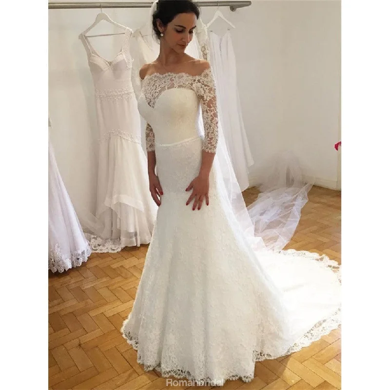 Illusion sleeve wedding dressesOff-shoulder Sheath 3/4 Sleeves Lace Wedding Dresses With Sweep Train, WD0431 Timeless Wedding Dress