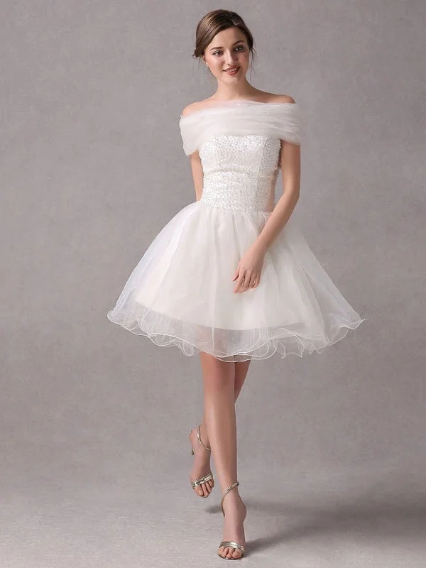 Embroidered wedding dressesShort Ivorystrapless A-Line Beading Wedding Dress For Bride Exclusive Soft Satin Bridal