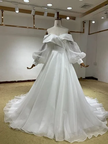 Romantic wedding dressesW158, White Satin Off-Shoulder Ruffle Sleeves Trail Shoot Gown, Size (ALL)pp Sheer Wedding Dress