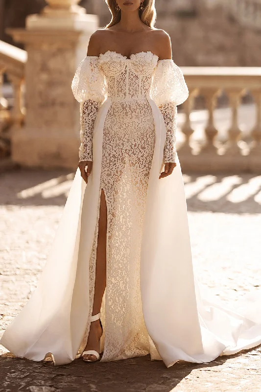 Summer wedding dressesRoamtic Lace Wedding Dress with Detachable Skirt Sweetheart Long Sleeves Bridal Gown QW0824 Modern Wedding Gown