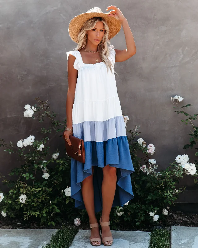 Off-shoulder midi dressesMelody Of Summer Pocketed High Low Tiered Midi Dress - Blue Off-shoulder midi dresses