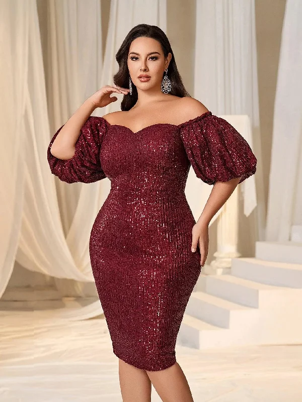 Clubbing midi dressesPlus Off Shoulder Puff Sleeves Sequin Midi Dress Clubbing midi dresses