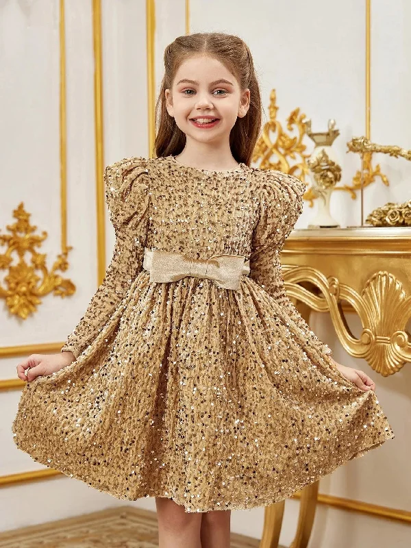 Summer party midi dressesTween Girls' Gigot Sleeve Bow Decor Sequin Midi Dress Summer party midi dresses