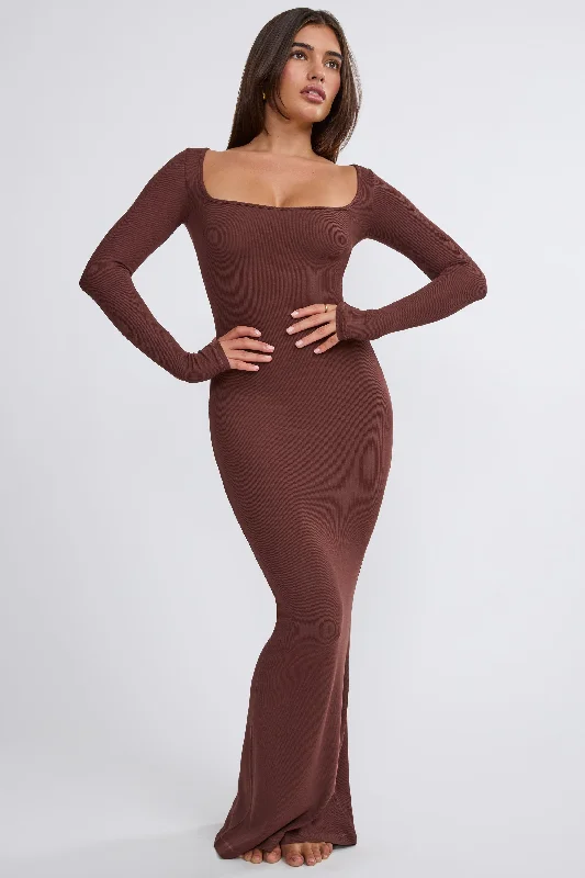 Fashion-forward maxi dressesRibbed Modal Long Sleeve Maxi Dress in Chocolate Comfortable maxi dresses for everyday wear