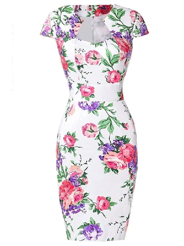 Stretchy floral dresses2022 50s 60s Womens Summer Floral Retro Vintage Dresses Wear to Work Business Office Party Sheath Bodycon Pencil Dress Stretchy floral dresses