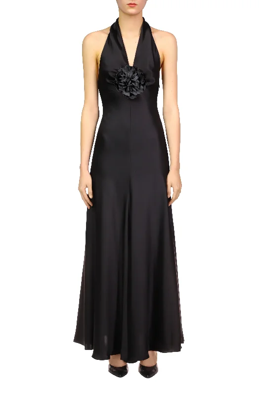 Chic unclassified dressesBlack Silk Satin Halter Gown With Silk Flower Pin Chic unclassified dresses