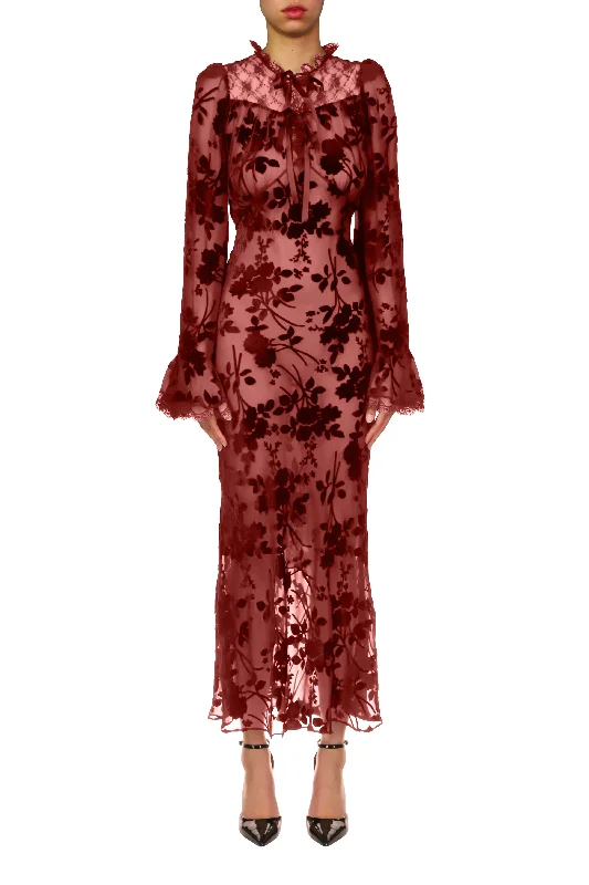 Printed unclassified dressesBurgundy Burnout Velvet Bias Dress With Bell Sleeves Printed unclassified dresses