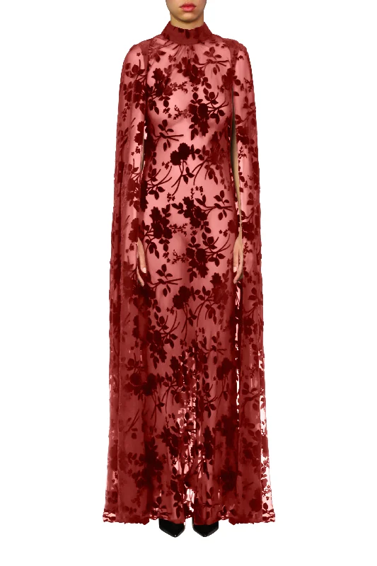 Elegant evening unclassified dressesBurgundy Burnout Velvet Cape Gown Elegant evening unclassified dresses