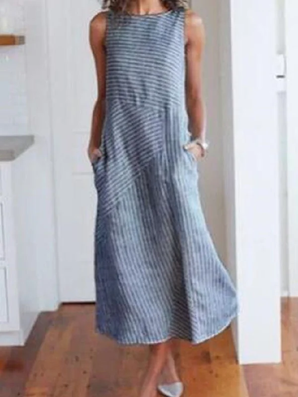 Fall unclassified dressesCotton Striped Dress Round Neck Dress Fall unclassified dresses