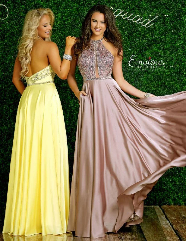 Satin unclassified dressesENVIOUS Couture 1404 Yellow Satin Halter Dress with Pockets - Size 6 Satin unclassified dresses