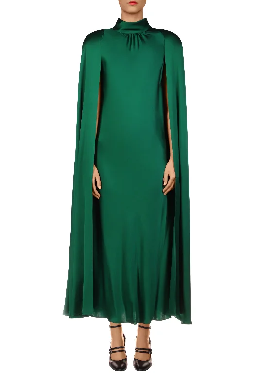 Ruffled unclassified dressesGreen Silk Satin Cape Dress Ruffled unclassified dresses